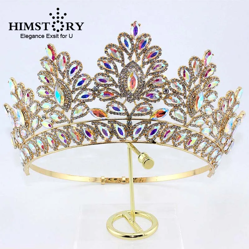 Himstory New Luxury Big European Bride Wedding Crown Queen Crystal Large Round The Beauty Crown Wedding Hair Accessories