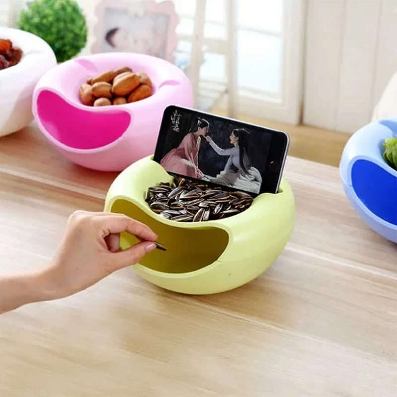 Snack Storage Bowl, Double Dish Nut Bowl with Cellphone Holder Slot, Serving for Pistachio, Sunflower Seeds, Peanuts, Edamame