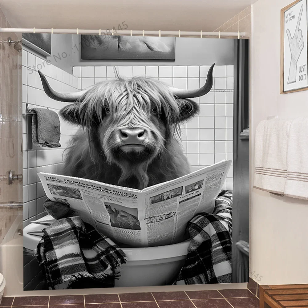 Toilet Newspaper Cow Shower Curtain Waterproof Animals Shower Curtain With Hooks Decorative Bathroom Partition Curtain Bathroom