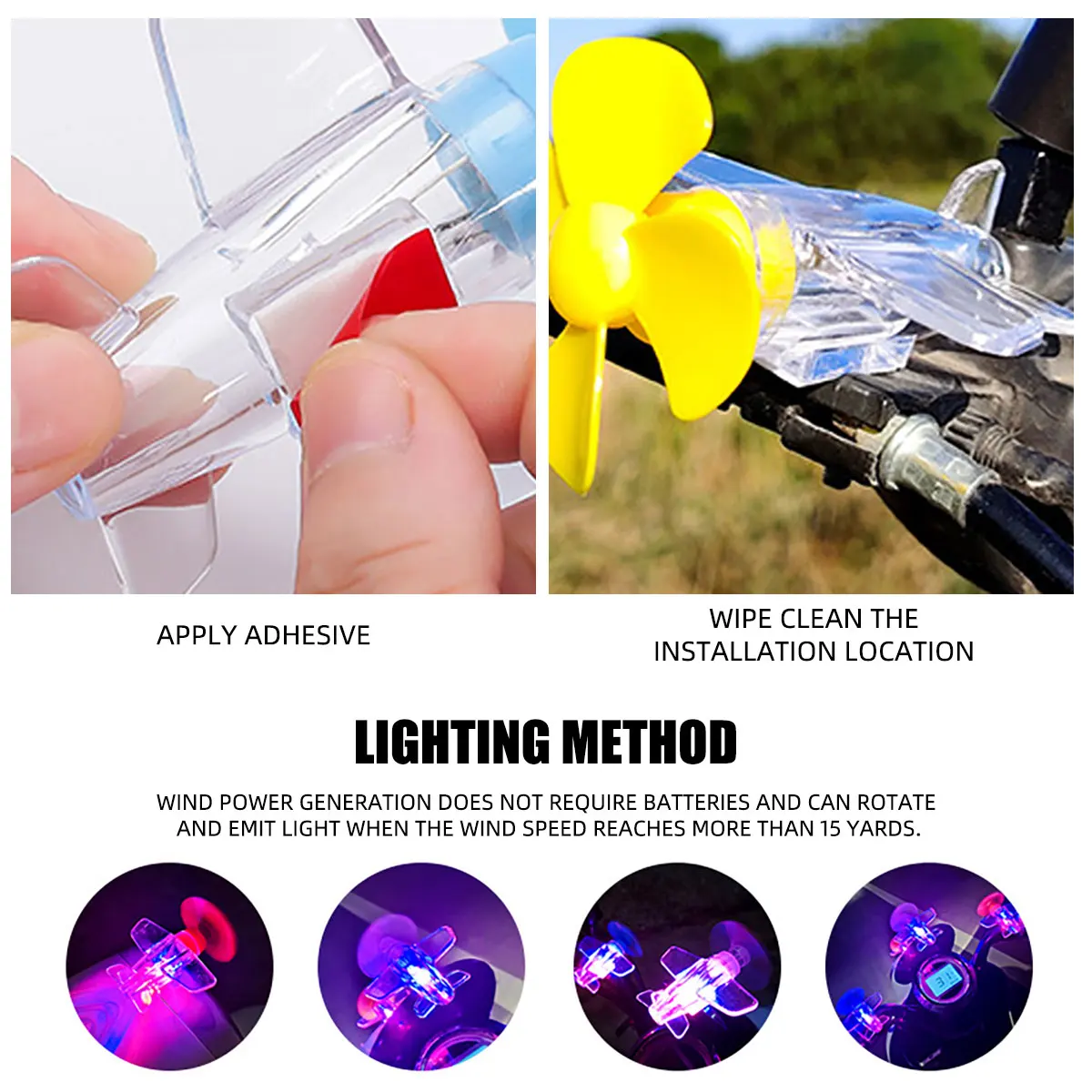 Rotatable Mini Airplane Wind Powered LED Light Car Styling Ornaments Motorcycle Handle Decorations Safety Riding Warnings