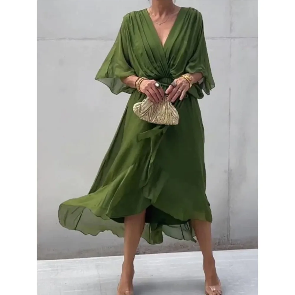 

Fashionable Elegant Ruffle Patchwork Pullover Dress 2024 New Women's Solid Color Lace Up Long Dress Bat Sleeve Irregular Dresses