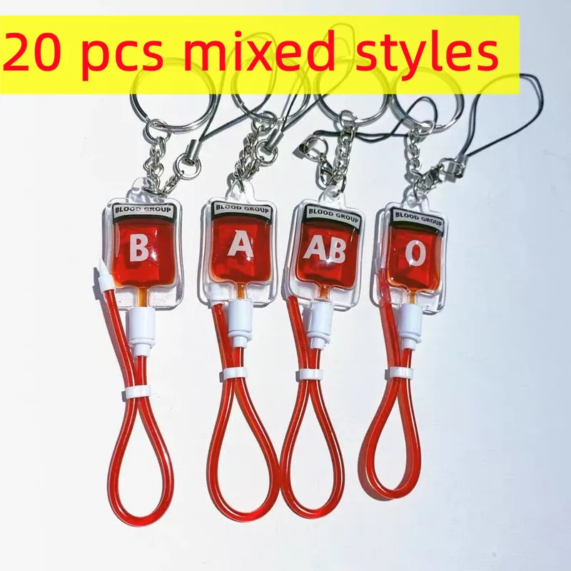 20 pcs New Style Blood Type A B O AB Plasma Pack Blood Bag PVC Pendant DIY Jewelry Making Gift Charm Keychain Accessory Keyring