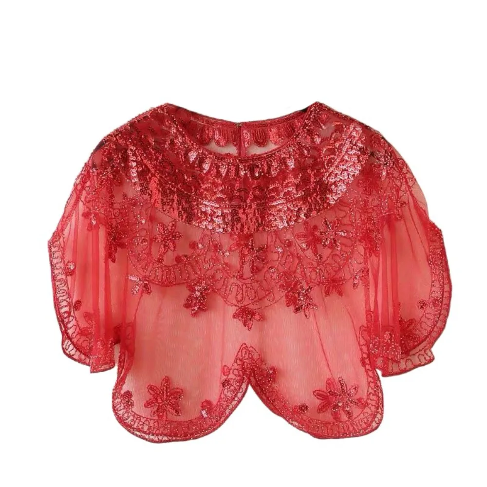 

Mesh Lace Shoulder Yarn Transparent Embroidery Flower Wedding Scarves Shawl Solid Color Sequins Evening Capes For Women