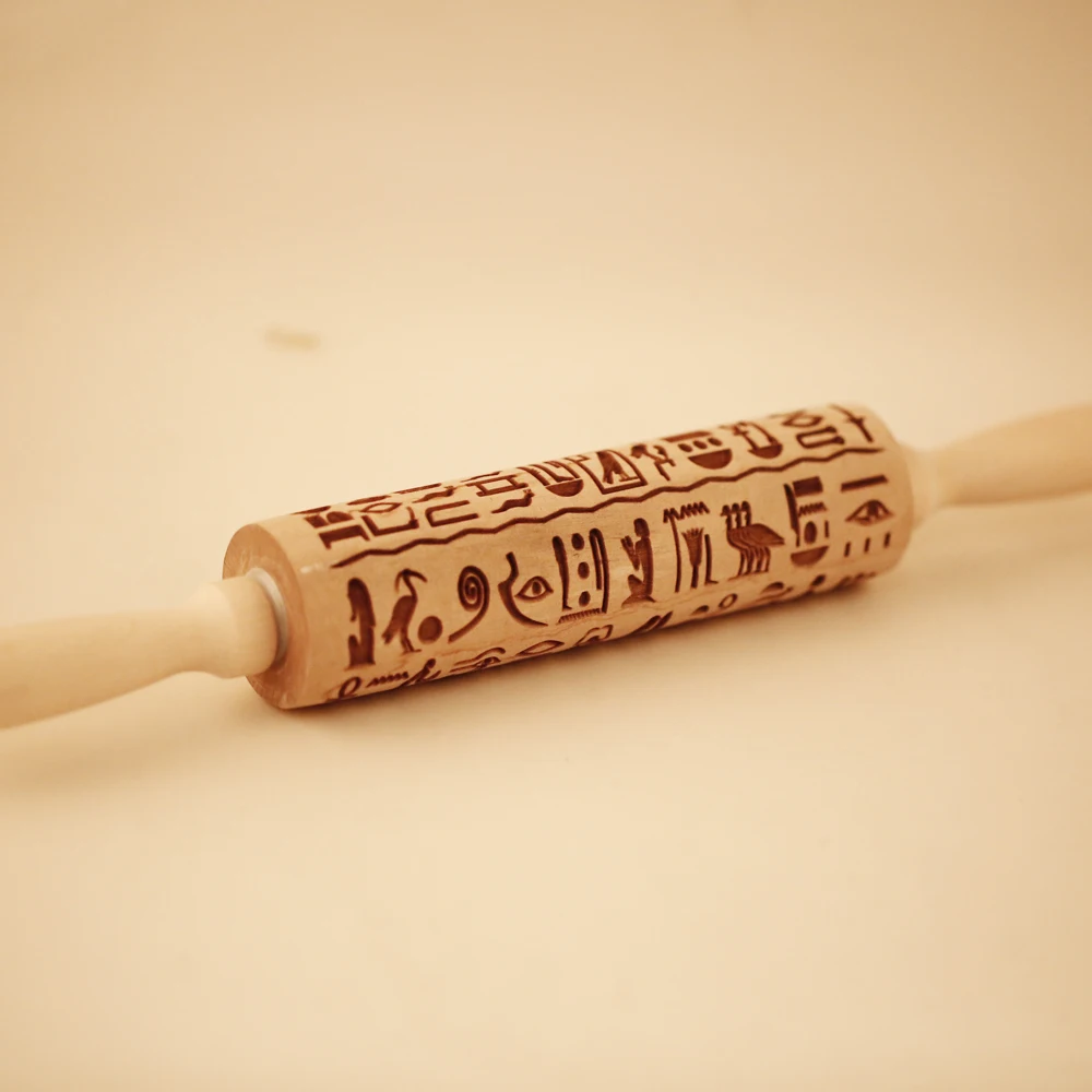 Arjmide Egyptian Hieroglyphs Embossing Rolling Pin with Pattern Cookies Decorating Roller Laser Engraved Rolling Pin For Baking