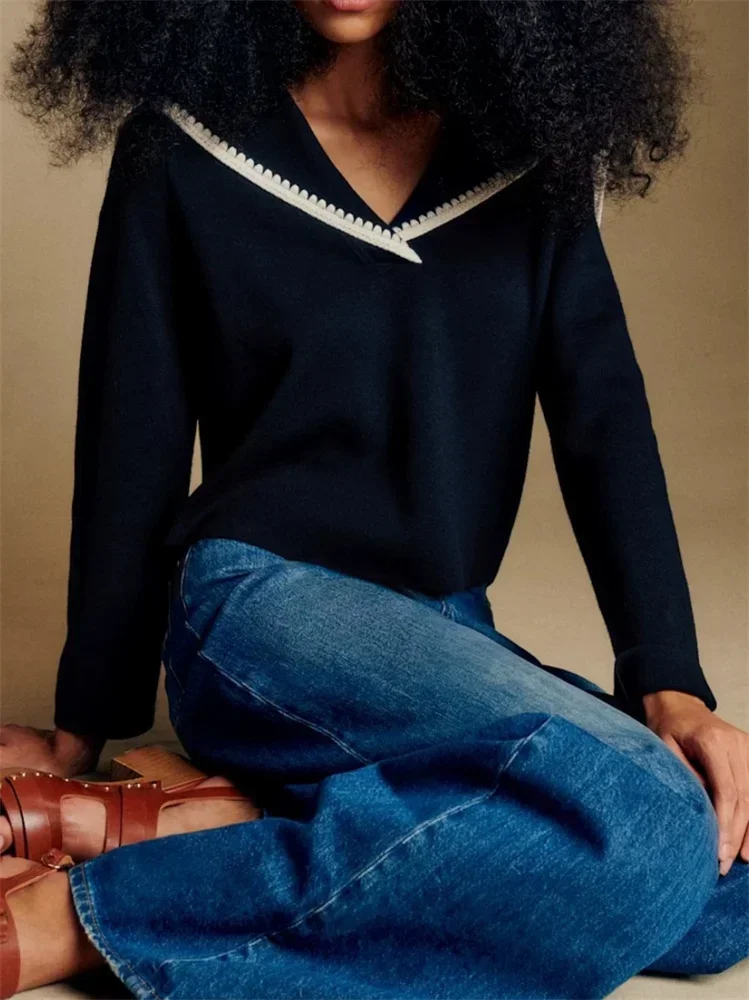 

Sailor Collar Women's Knitted Sweater Wool Blend Crochet Contrasting Trim Pullover Lady Knitwear Fashion Top