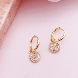 Minar Cute Lovely 14K Real Gold Plated Brass Shiny Full CZ Cubic Zirconia Round Smile Face Pendant Hoop Earrings for Women Gift