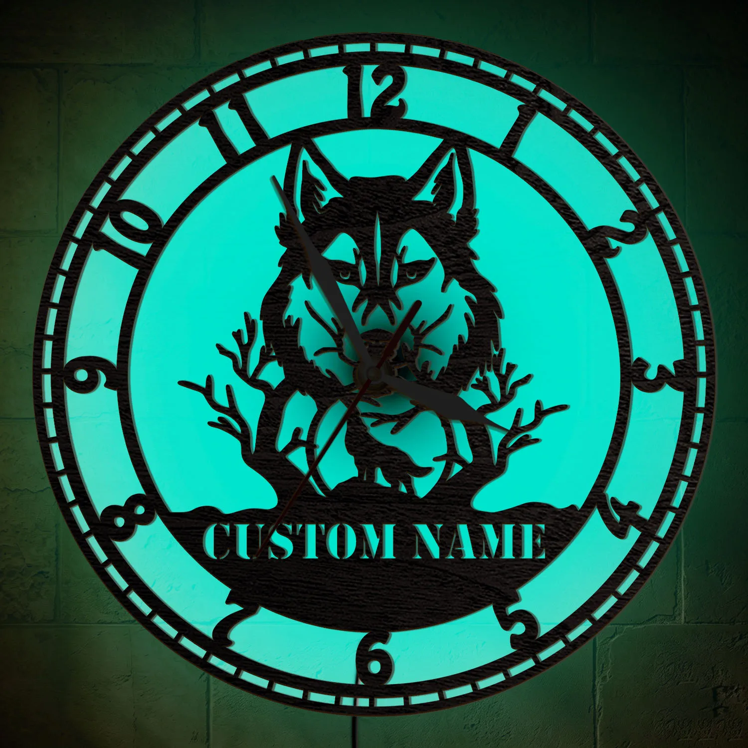 Personalized Name Wolf Forest LED Lighting Wall Clock for Hunting Log Cabin Cottage Howling Wolf Luminous Night Light Wall Clock