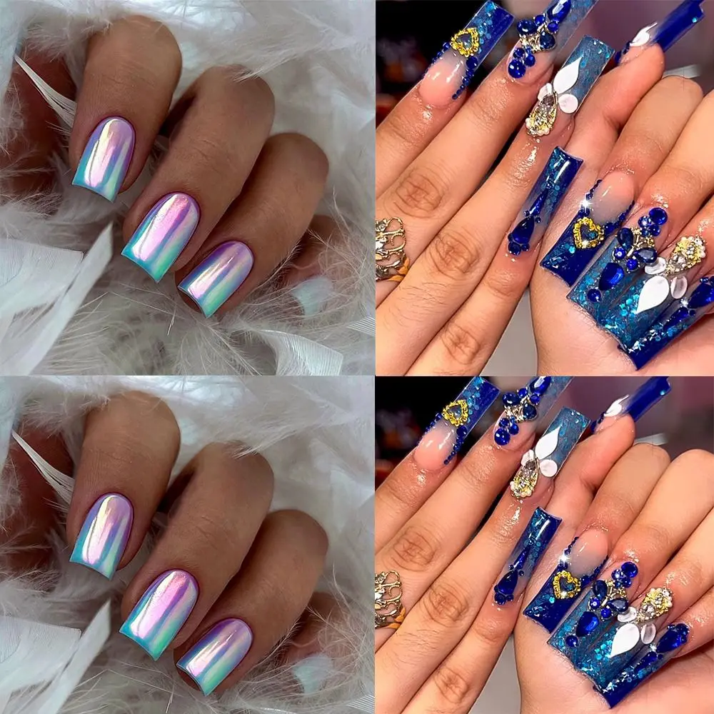 Long False Nails Fashion Blue Purple Gradient Water Pipe Press on Nails Bow Tie Detachable Nail Tips Women Girls