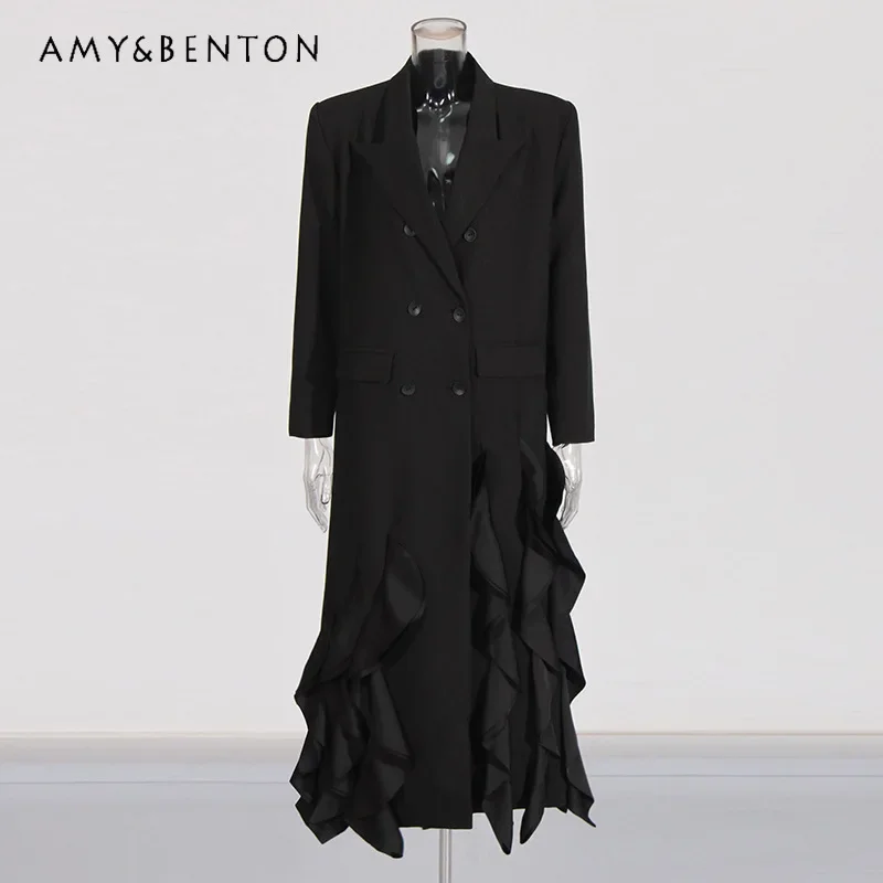 

American Style Temperament High-end Black Trench Coat Blazer 2024 Autumn New Fashion Splicing Ruffle Edge Design Long Suit Women