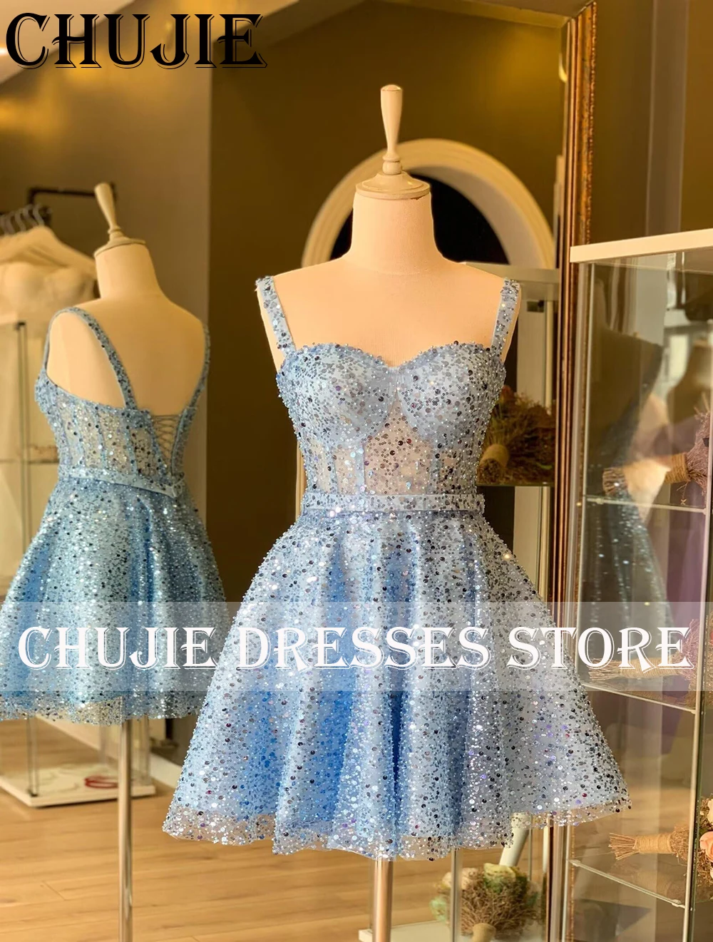 Light Blue Beads Mini Cocktail Dresses Vestidos Graduación Adolescentes Homecoming Dress A Line Customized Evening Party Gowns