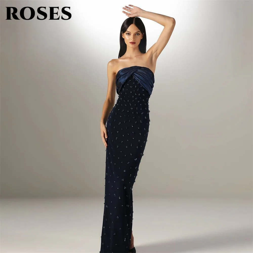

ROSES Navy Blue Elegant Formal Gown Silhouette Prom Dresses Rhinestones Evening Dresses Satin Minimalist Modern Style Customized