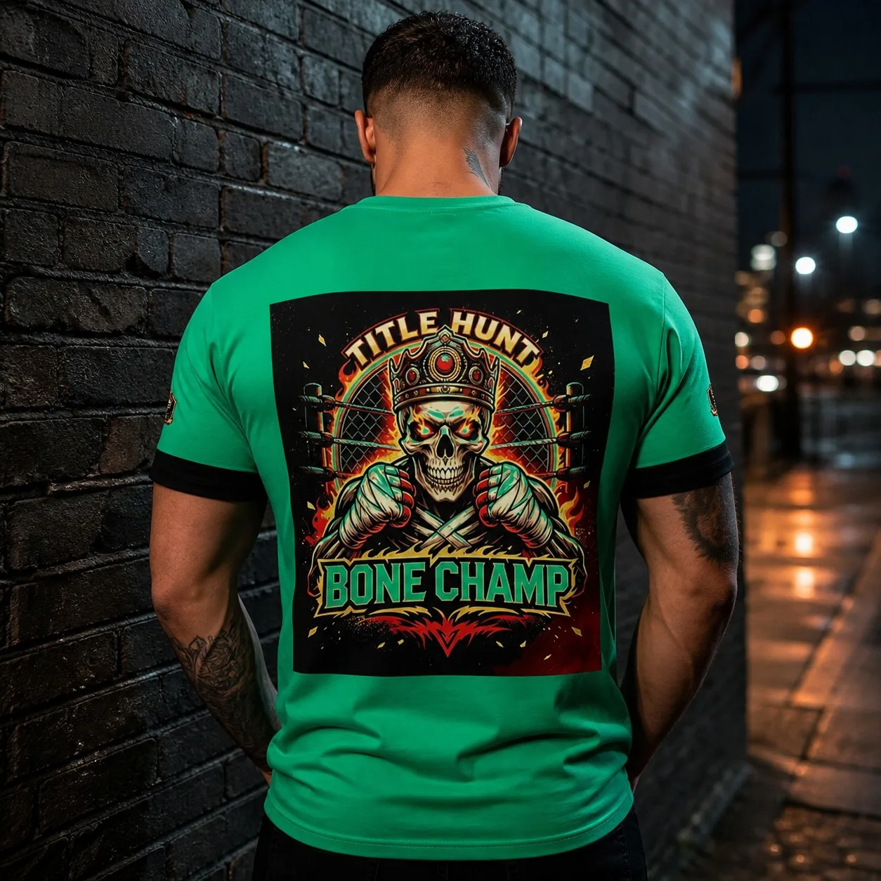 Green Black Ringer Mens Wrestling Skull Bone Champ Graphic Dual-Sided Print Hardcore Streetwear Casual T-Shirt