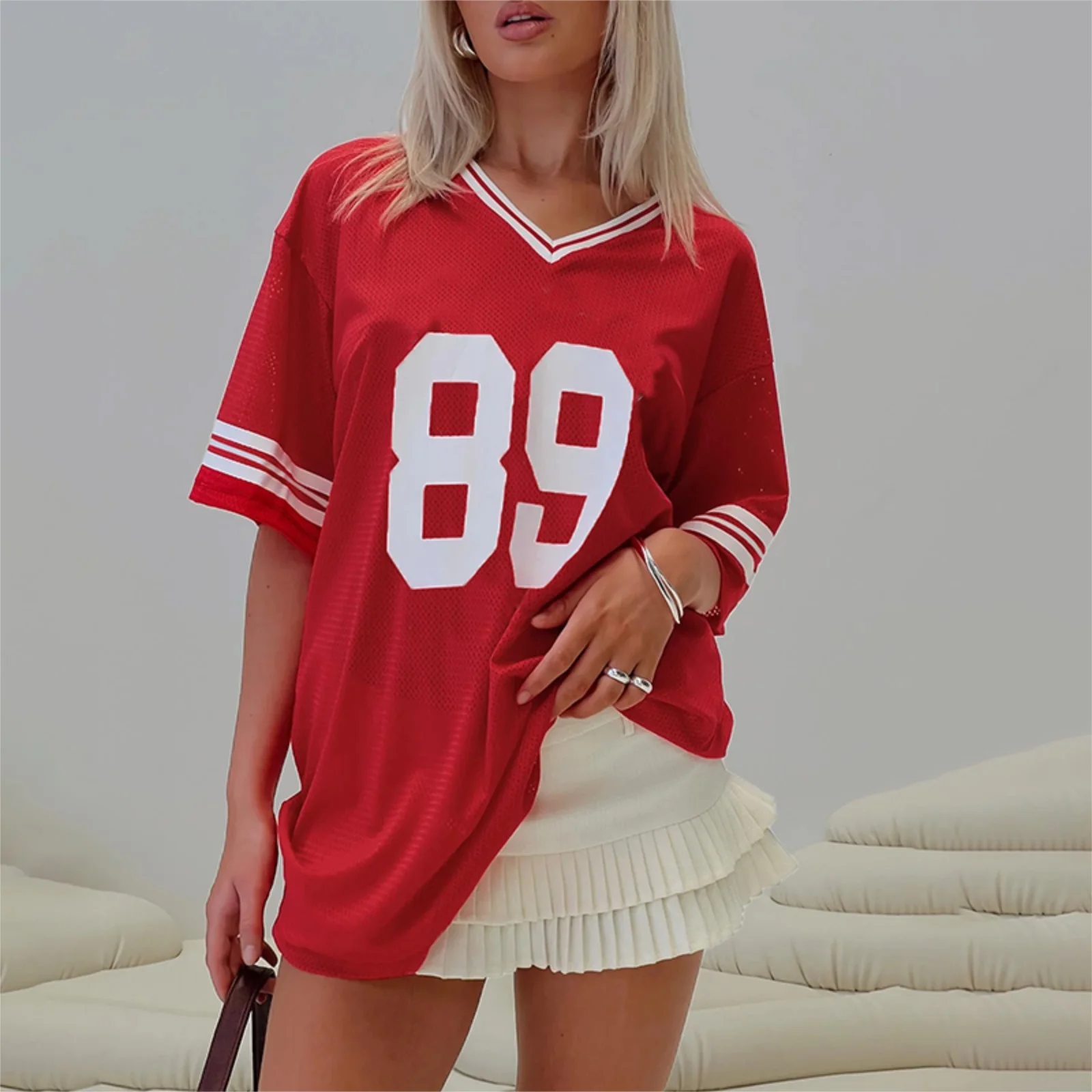 hirigin Oversized Jersey Shirts for Women Number Graphic Baggy Tees 90s V Neck Half Sleeve T-Shirts Streetwear Clothes