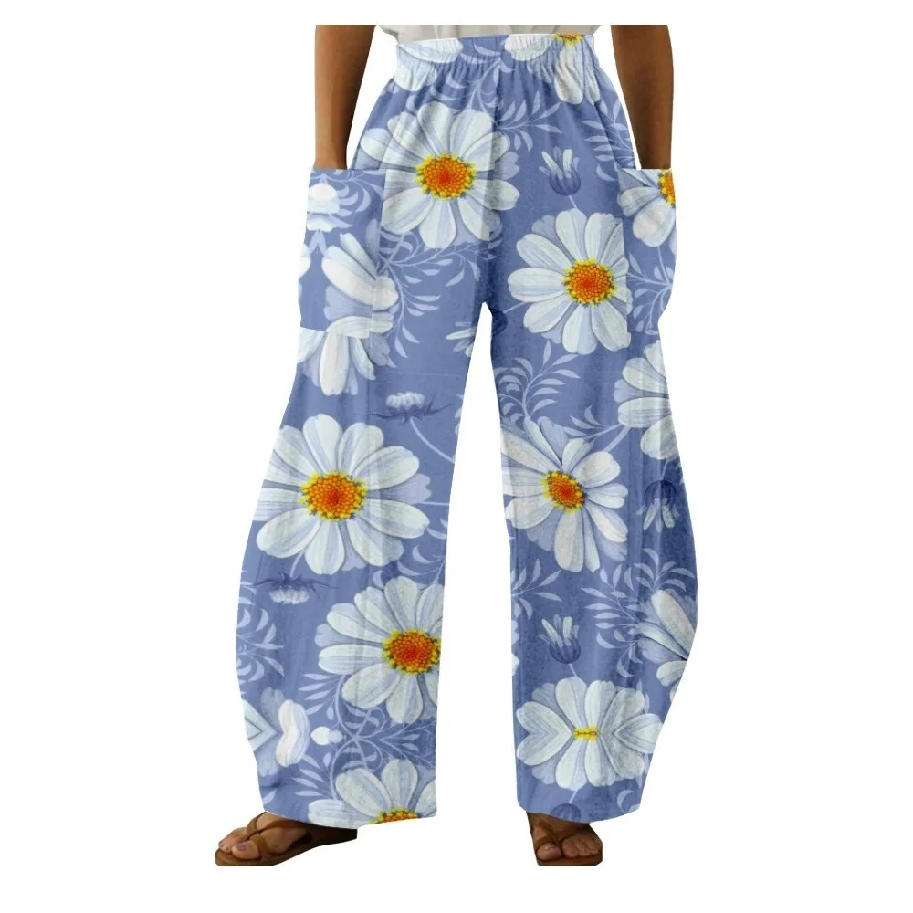 

Autumn Stylish Pants Summer Flower Trousers Women Pocket Trousers Wide Leg Pants Girl Stylish Pantalon Oversize Trousers