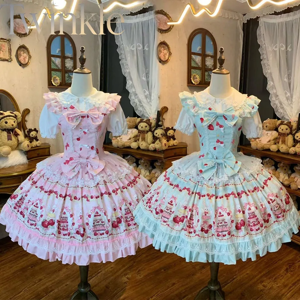 Sweet Lolita JSK Dress Cute Bow Princess Puffy Slimming Kawaii Japanese Lace Ruffle Camisole Jumper Skirt Women Cosplay Party