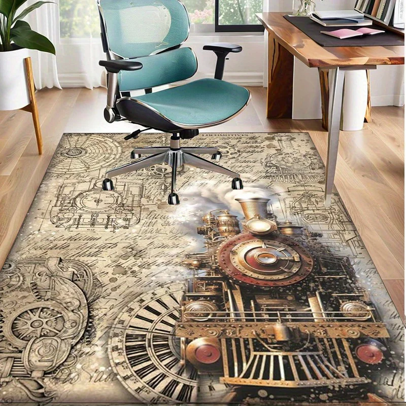 Steampunk Train Blueprint Rug for Retro Fans - Intricate Mechanical Design Adds Vintage Charm to Any Space,Great for Study Rooms
