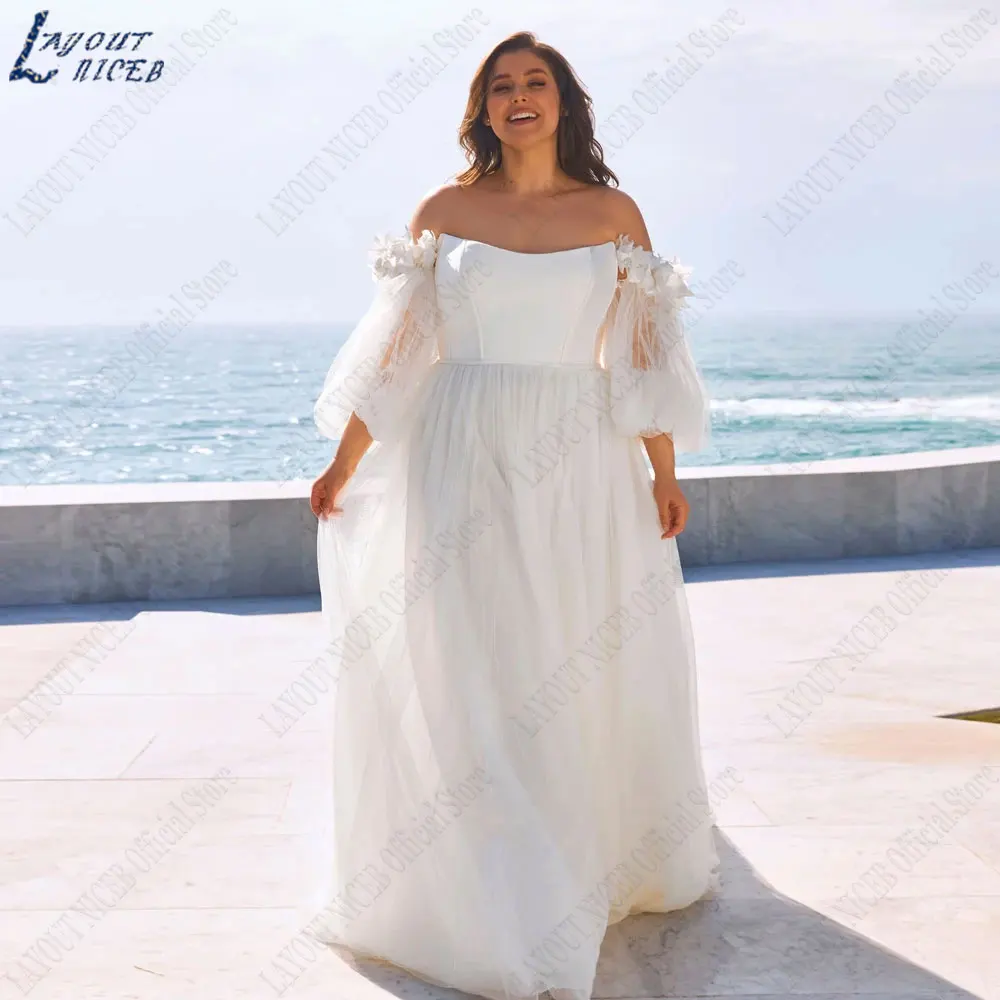 LAYOUT NICEB O-Neck Plus Size Wedding Dresses Appliques Puff Sleeves Bride Gown Backless Buttons Tulle vestido de casamento 2024