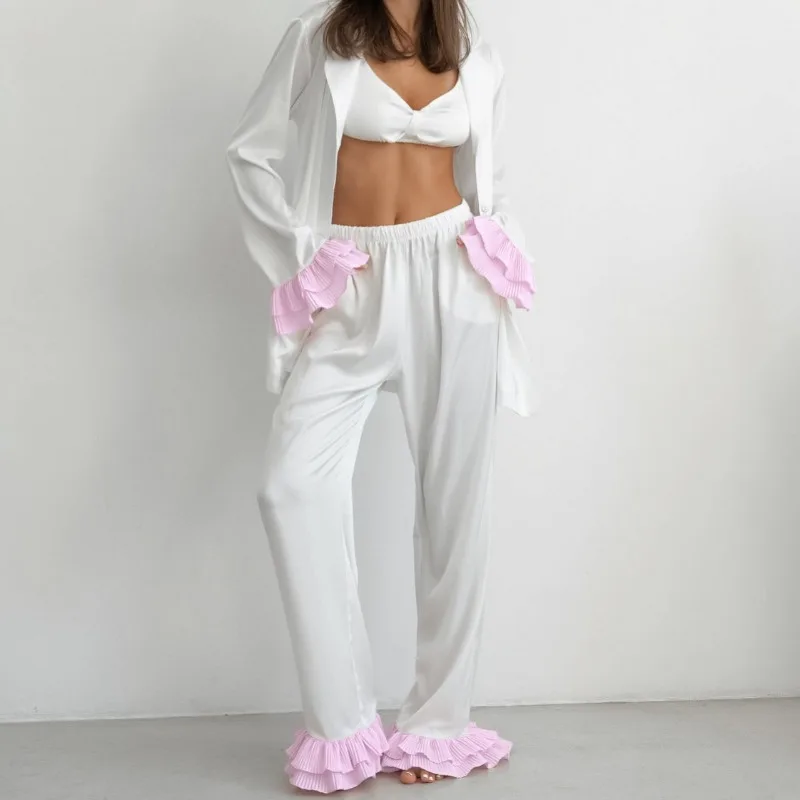 2026 Spring Summer Collection Comfortable Satin 3 Piece Pajama Set Long Sleeves Suspenders Skin Friendly Trousers Outer Wear