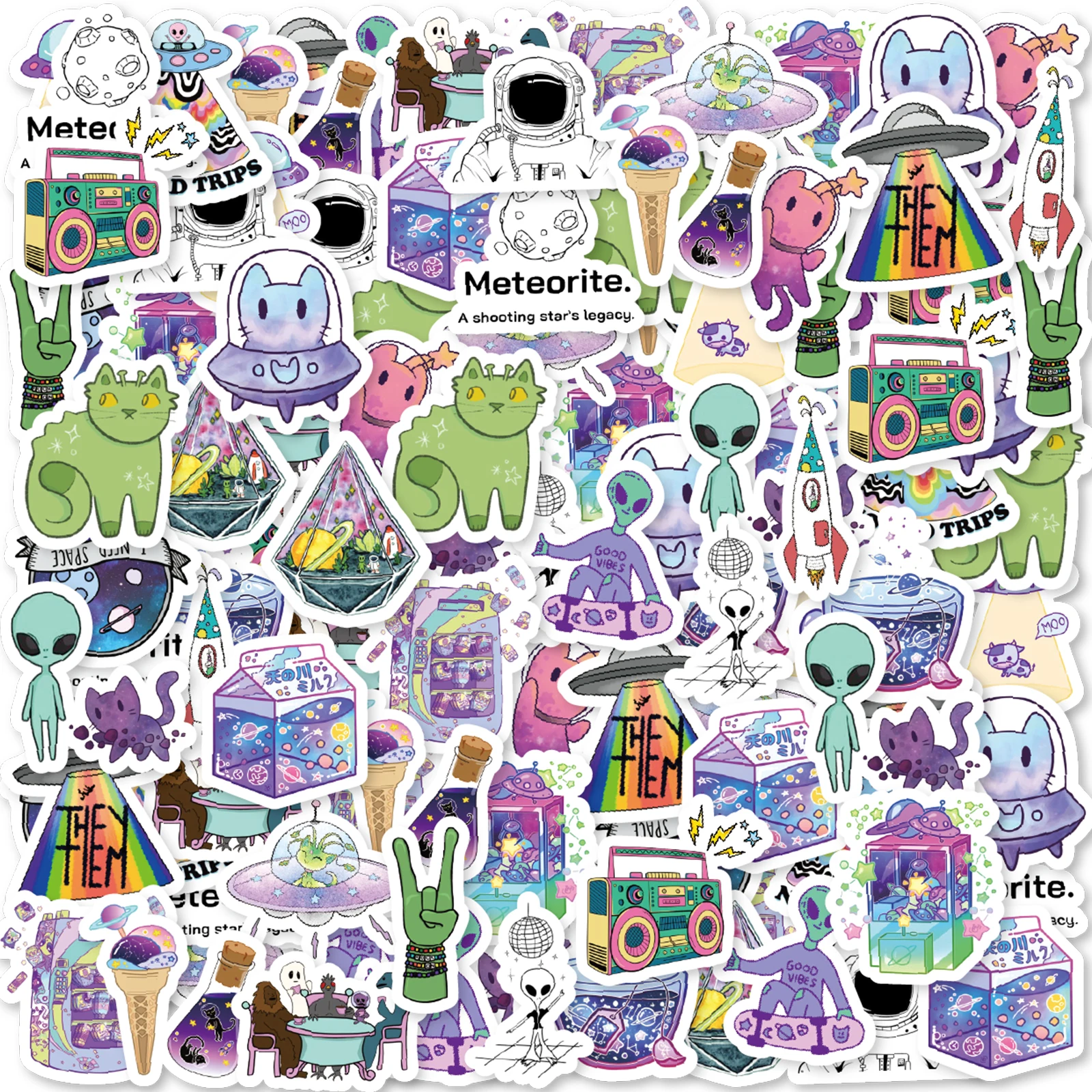 46pcs Cute Alien Cartoon Graffiti Stickers Decorated Notebook Water Cup Diary Guitar Suitcase Classic Toy Scrapbook DIY Decals