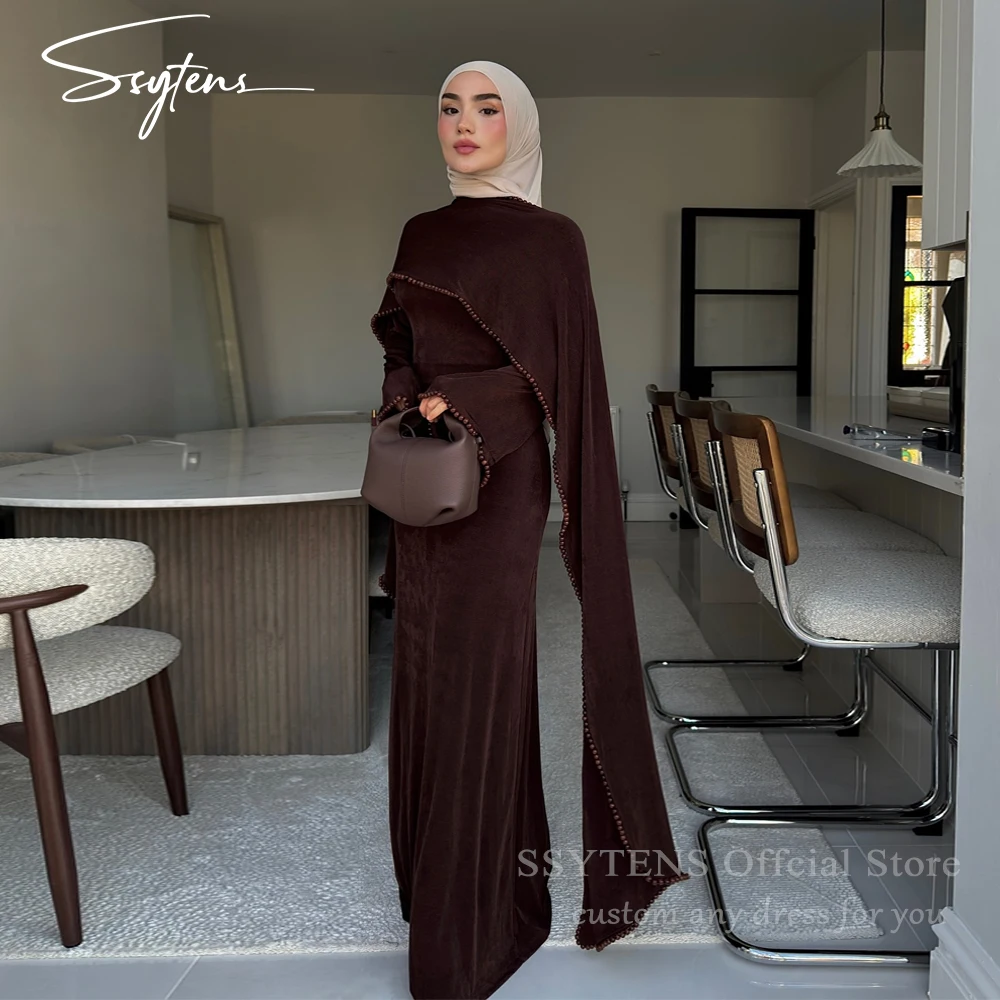 SSYTENS Luxury Brown Evening Dresses Long Sleeves Formal Dubai Prom Dresses Pearls O-Neck Muslim Mermaid Prom Gowns Customized