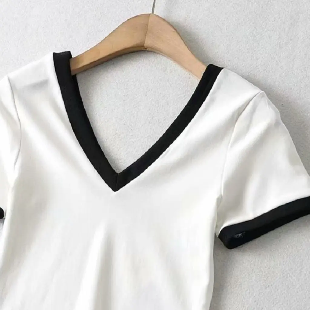 

Women's Double V-Neck T-Shirt Contrast Color European American Style Summer Color-Matching Edge Short-Sleeve Top for Ladies
