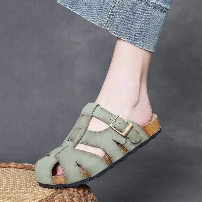 

Genuine Leather Bag Head Slippers Women's Outer Wear Sandals First Layer Cowhide Hollow One-word Drag Shoes Summer Hot-selling