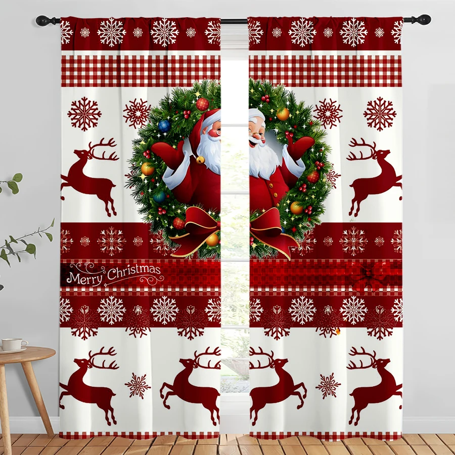 2PCS Digital Print Christmas Curtains, Red White Plaid Santa Wreath Reindeer, Classic Country Window Drapes for Holiday Decor
