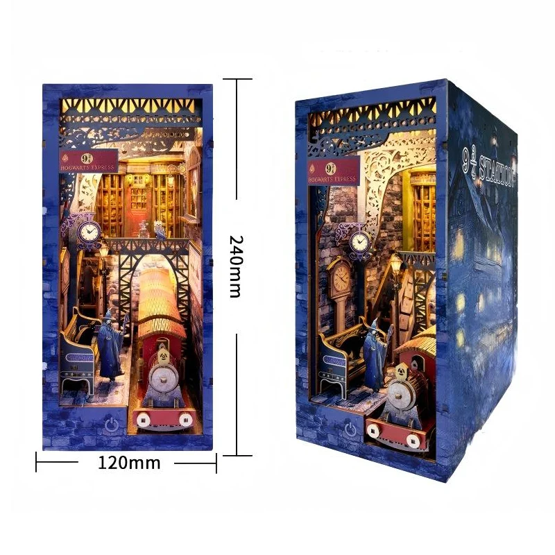 OUZEY DIY magisch thema trein stopboek hoekje -3D houten puzzel miniatuur model kit met beeldjes, uniek huisdecor