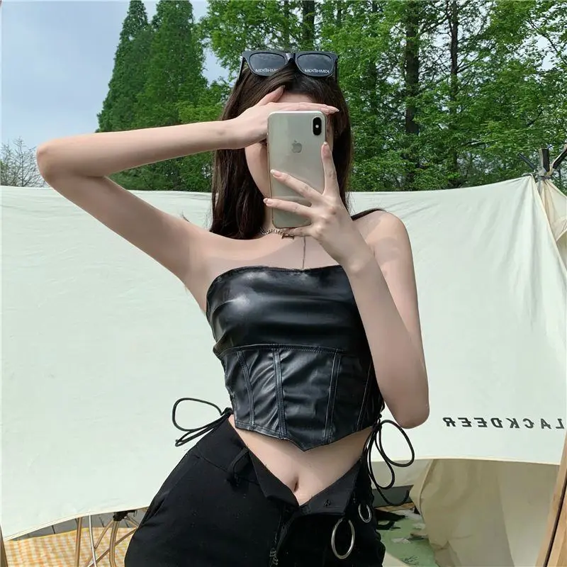 

Sexy Leather Irregular Tube Top With Lace Waist Punk Tube Top Off Shoulder Broadcloth Strapless Tank Backless Female Club Wear