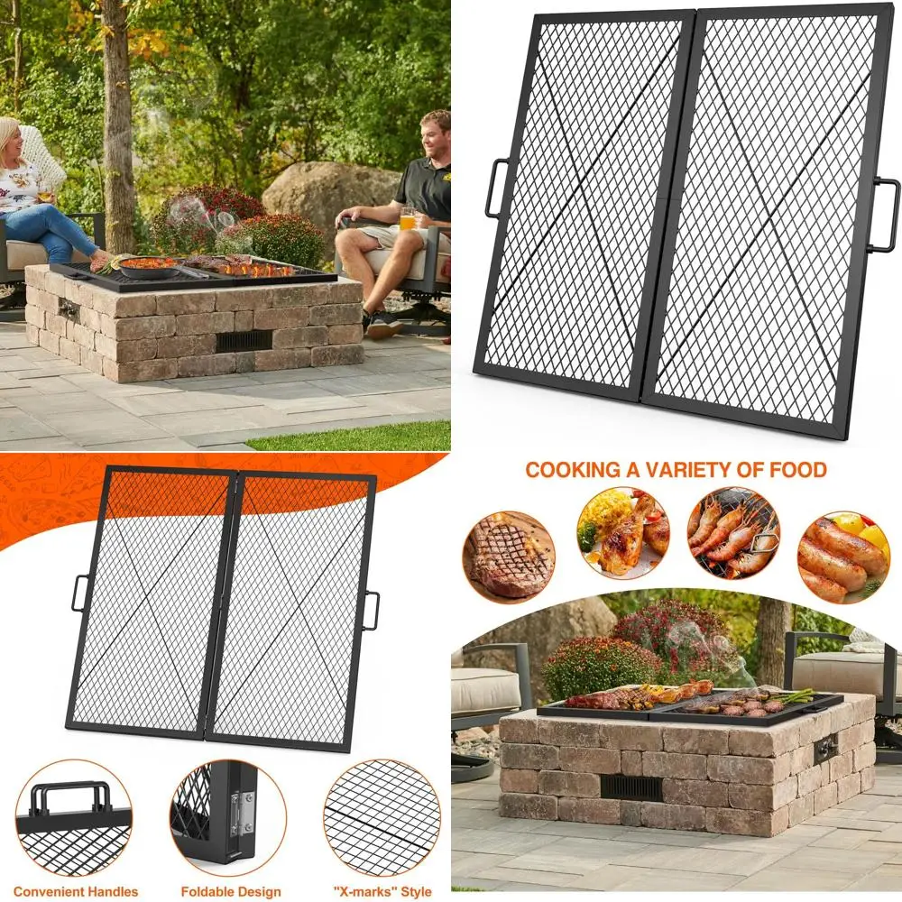 

Portable 30 Square Fire Pit Grill with Folding X-Marks Cooking Grate for Outdoor Camping Parties