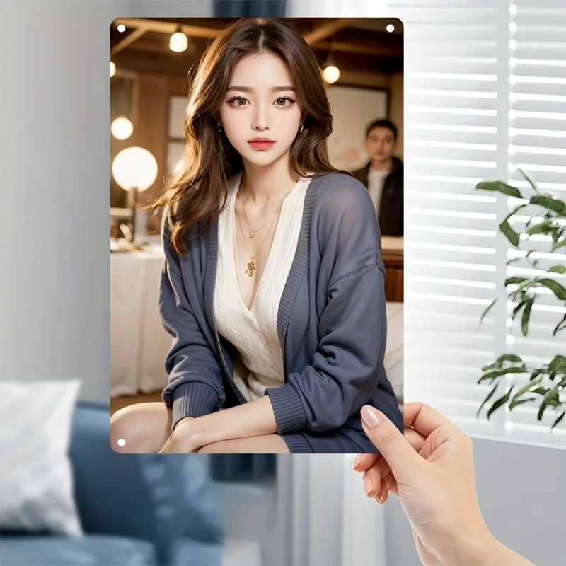 

2D Flat, Metal Sign Plate - Elegant Woman Portrait Poster With Expressive Eyes, Durable Iron Construction For Home, Cafe, Bar, O