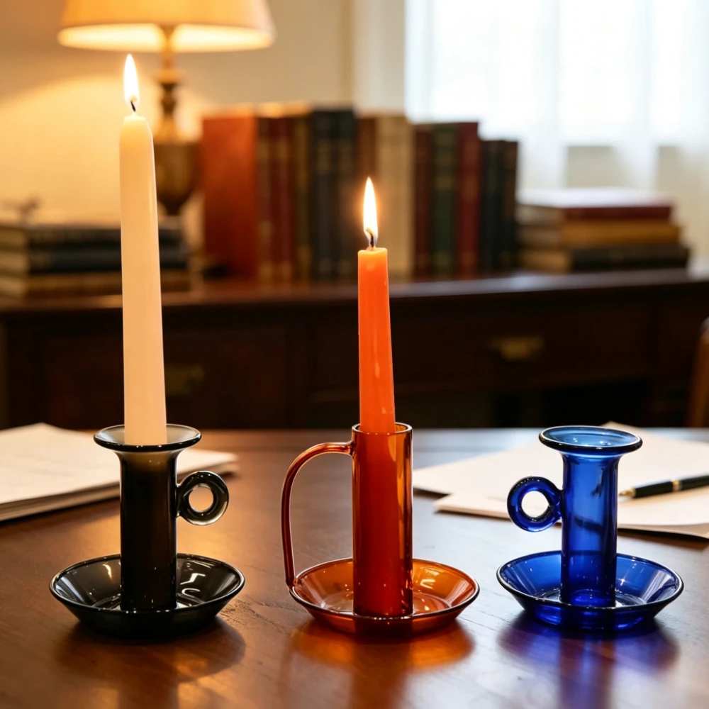 Nordic Vintage Glass Candle Holder with Ring Handle Colored Taper Candle Stand with Drip Tray  Minimalist Home Wedding Ornament