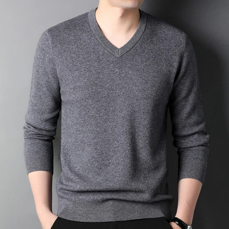 TFETTERS Spring Autumn Fashion Pullovers Men V Neck Long Sleeved Stretch Khaki Sweaters Men Business Classics Knit Top Men