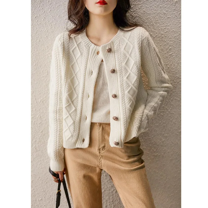 2022 Autumn Winter Women Korean Fashion Vintage Chic Twisted Solid Color Thick Knitted Sweater Cardigan Buttons Long Sleeve Coat