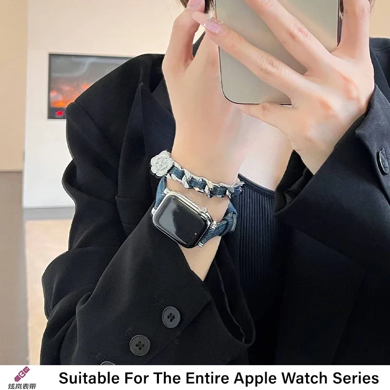 Apple Watch バンド 44mm 45mm 41mm対応 カウボーイ キャンバス ダブルツアーストラップ レディース 高級レザーブレスレット シリーズ8 7 SE 6 5 Ultra 49mm