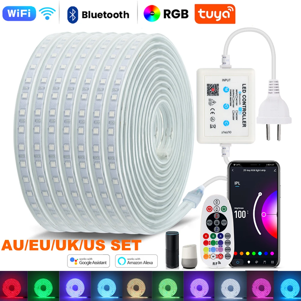 AC 220V 110V Waterproof 5050 RGB LED Strip Flexible Tape Light RF Bluetooth APP Tuya WiFi Control IP67 Outdoor Lamp Home Decor