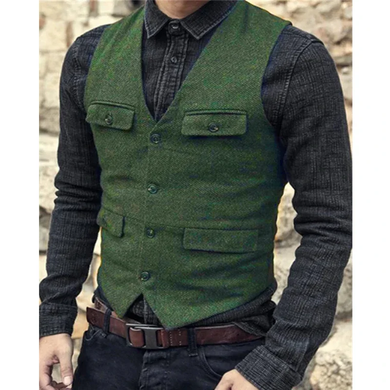 Suit Vest Brown Burgundy Herringbone Wool Tweed Vintage Steampunk Waistcoat Formal Business Vests For Men Wedding