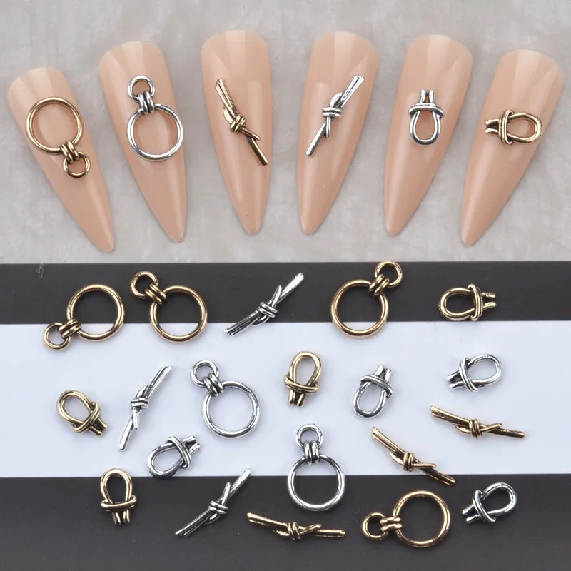 20Pcs/Lot New Nail Enhancement Alloy Jewelry Simple Rope Knot Gold Silver Retro Simple Nail Decoration Jewelry