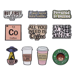Coffee Cup Brooch Enamel Pin Text Custom Women Kids Powered By Coffee Lapel Hats Badge Metal Gift Accessories Jewelry Wholesale