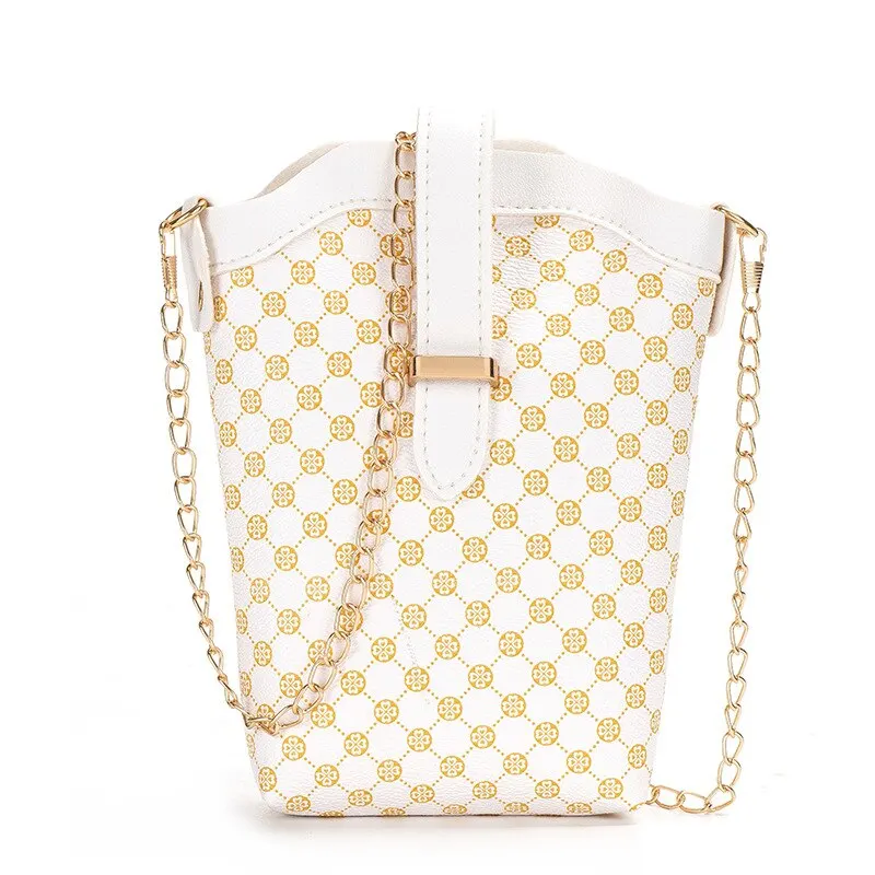 New Fashion Plaid Polka Dot Print Single Shoulder Bag Casual Oblique Chain Crossbody Mini Small Bucket Bag