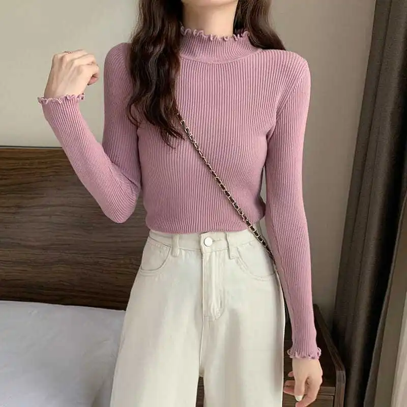 Women's 2024 Autumn and Winter New Splicing Pullover Half High Collar Fashion Solid Color Slim Casual Long Sleeved Knitted Top