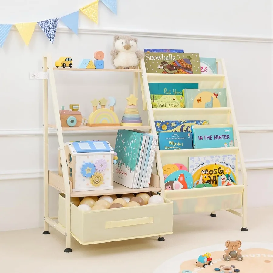 

Книжная полка Fabuday и органайзер для хранения игрушек — 4-х ярусные книжные полки на слинге для малышей для комнаты, 3-уровневый книжный шкаф Монтессори для