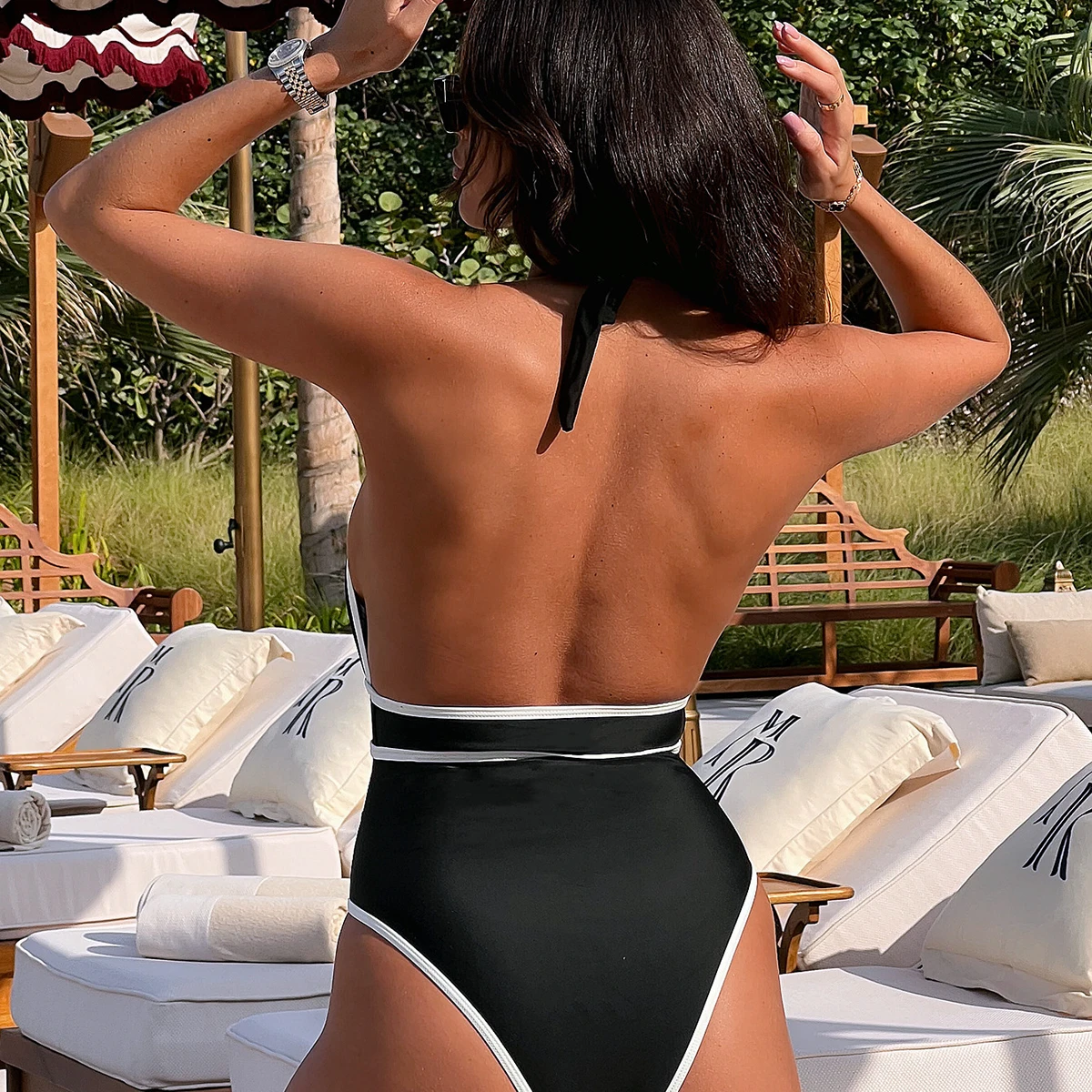 Halter 2026 Sexy Women One Piece Swimsuit Swimwear Female Biquini V-Neck Monokini Swimming Suit Pearl Bathing Suit Beachwear