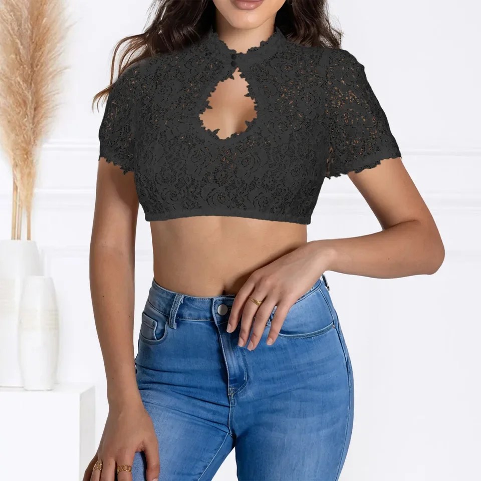 Women Traditional Blouse Short Sleeve Elegant Dirndl Blouse Deep Hollow Sexy Beer Button Crop Tops For Women Blusas Para Mujer