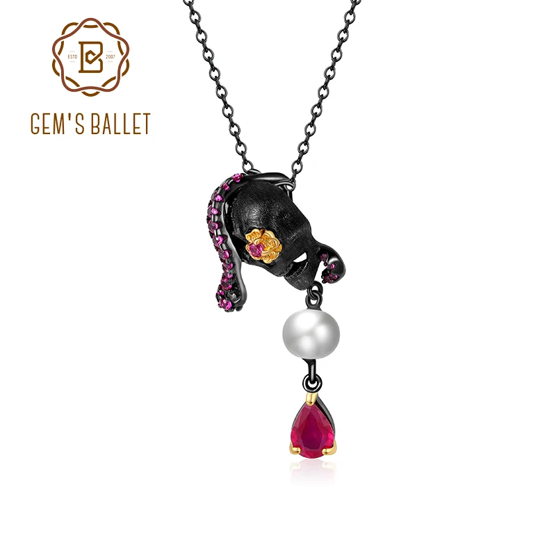 GEM'S BALLET Glass-filled Ruby Fresh-water Pearl Pendant 925 Sterling Silver Handmade Skull Pendant Necklace Gift for Halloween