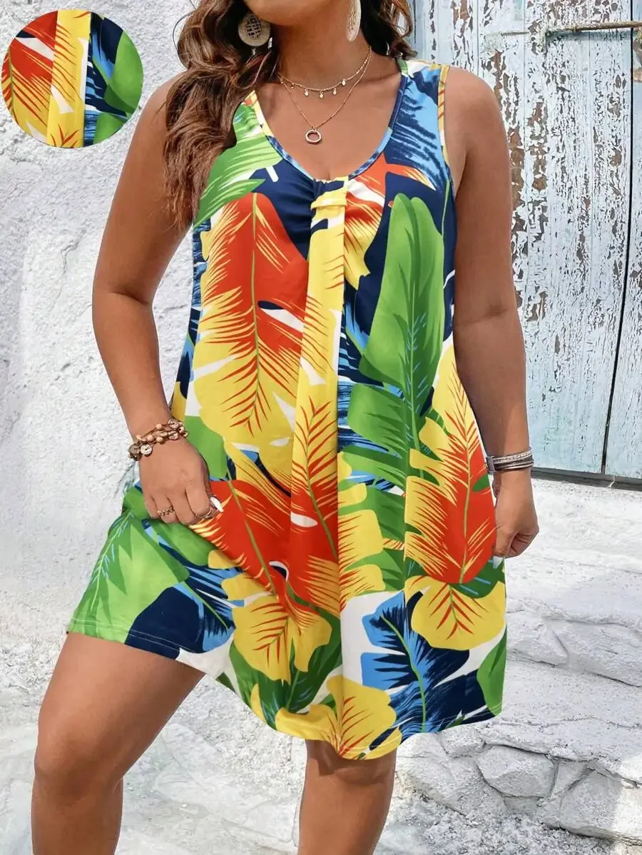 

Plus Size Women’s Sleeveless A-Line Dress With Vibrant Tropical Palm Leaf Print, Asymmetrical Hem And Front Twist Detail For