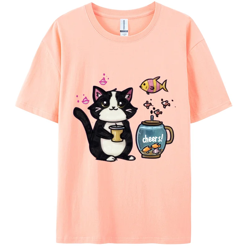 Y2K,Cheers Cat Print TShirt,Summer Casual T-shirts, Berserk Women Short T-shirts, Short Sleeve,100%Cotton,Cartoon, Holiday wear