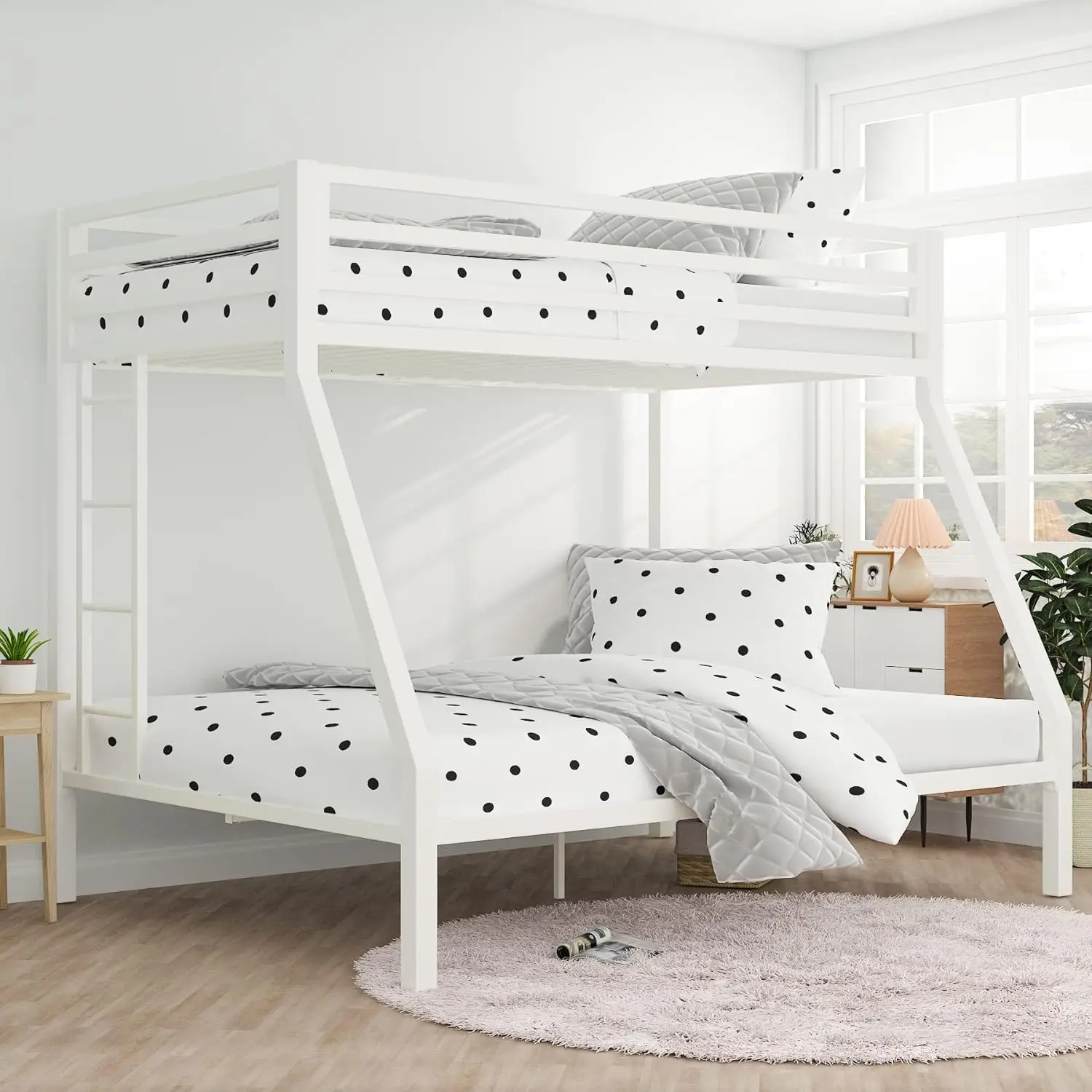 

Over Full Bunk Bed Frame with Ladder, Metal Bed Frame with Full-Length Guardrail, Space-Saving Design, No Box Spring Needed