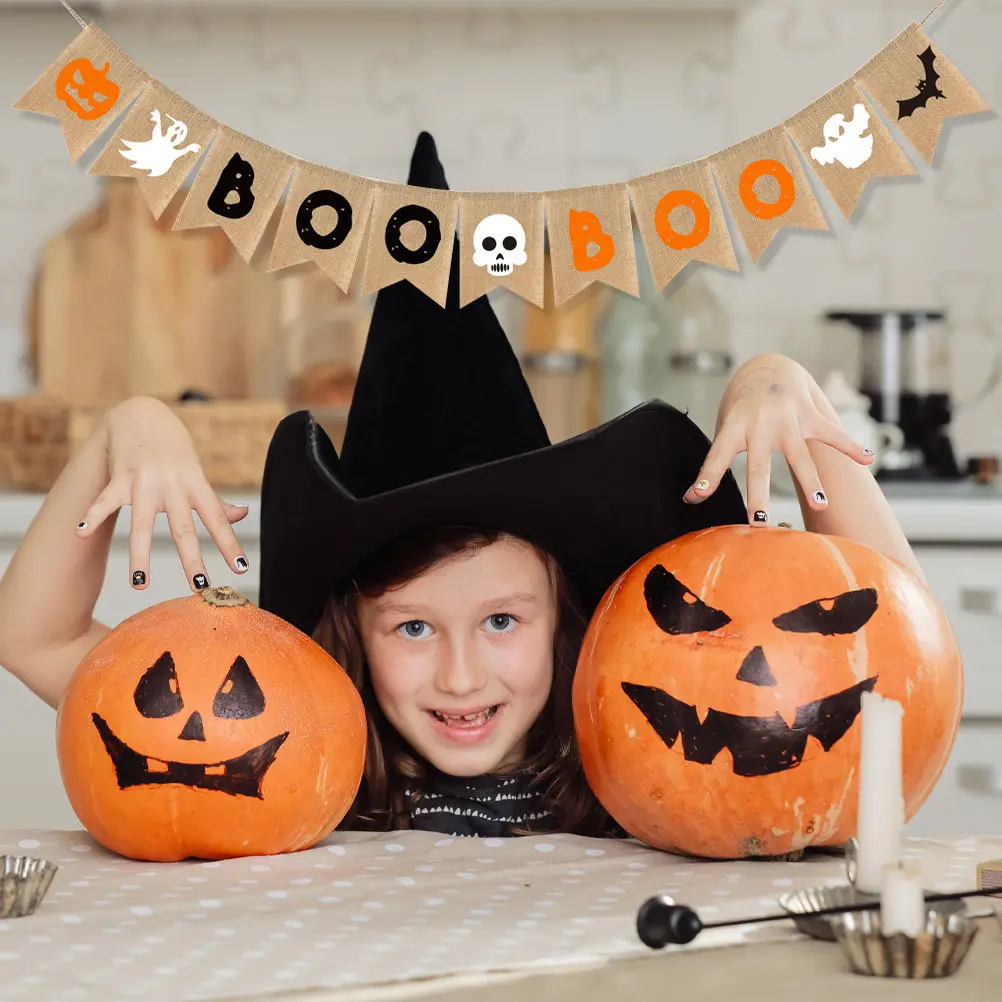Halloween Burlap Banner Boo Pendant Decor for Door Window Yard Fireplace Indoor Outdoor Party Hanging Decoration Festive Bunting