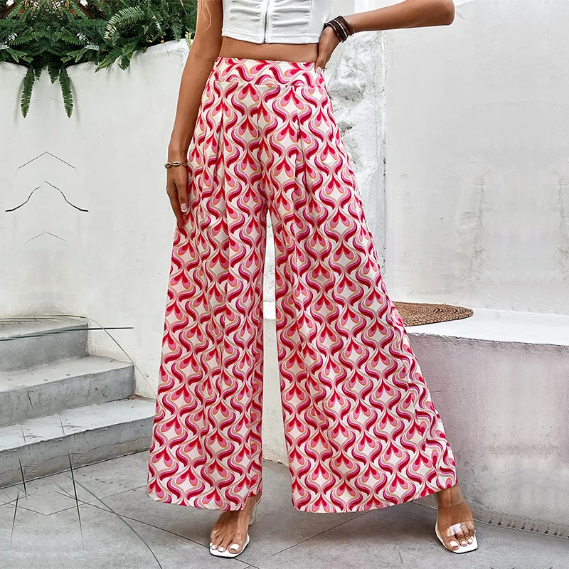 High Waist Wide Pants for Women Print Loose Flared Pants Zipper Fly Womens Trouses Summer Fashion Casual Lady Modern Pants 2023